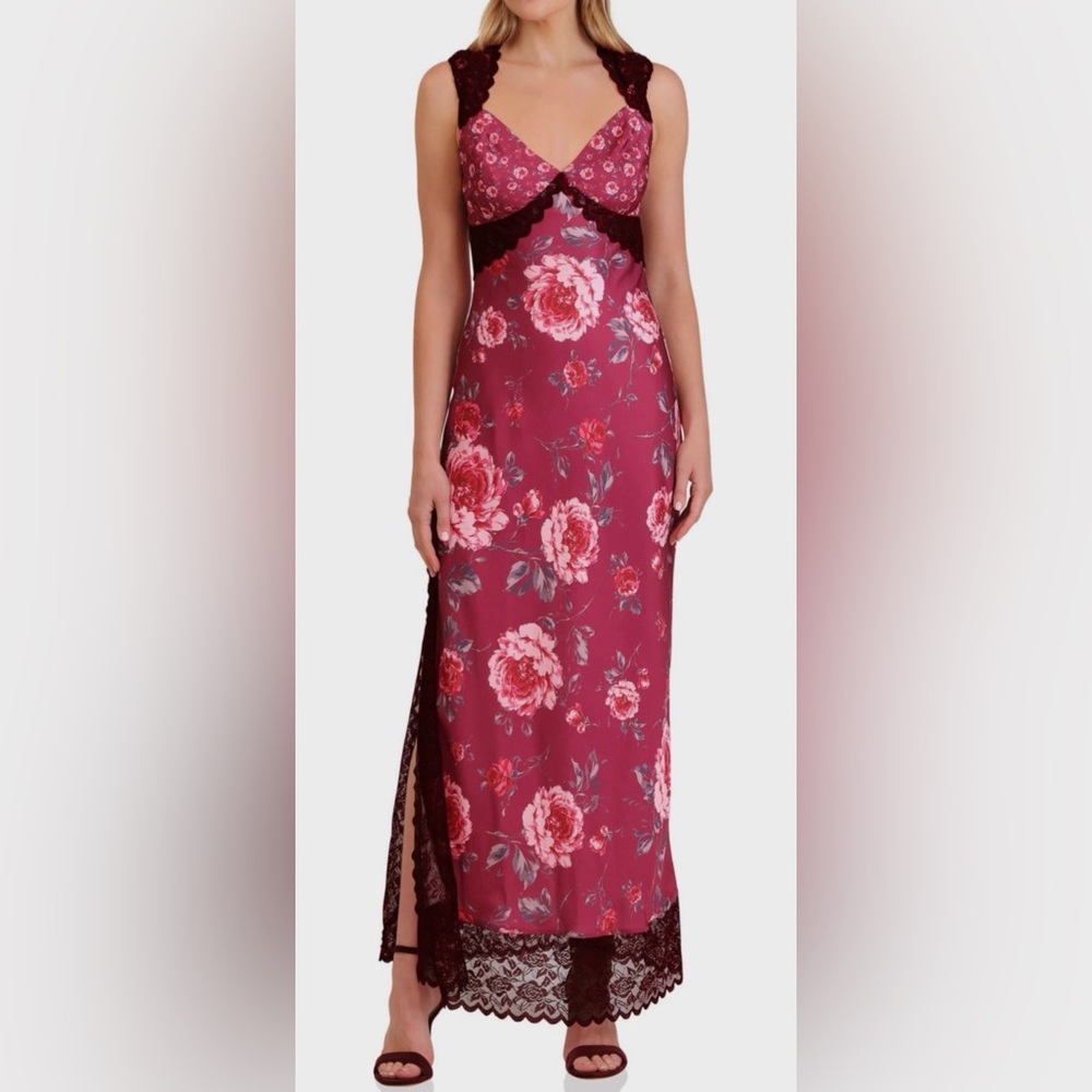 Avec Les Filles Burgundy Floral Maxi Dress Sz 2 like new
